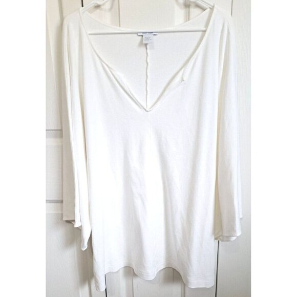Joan Vass 1X White Long Kimono Style Sleeve V-Neck Cotton Front Seam Top - Picture 1 of 6